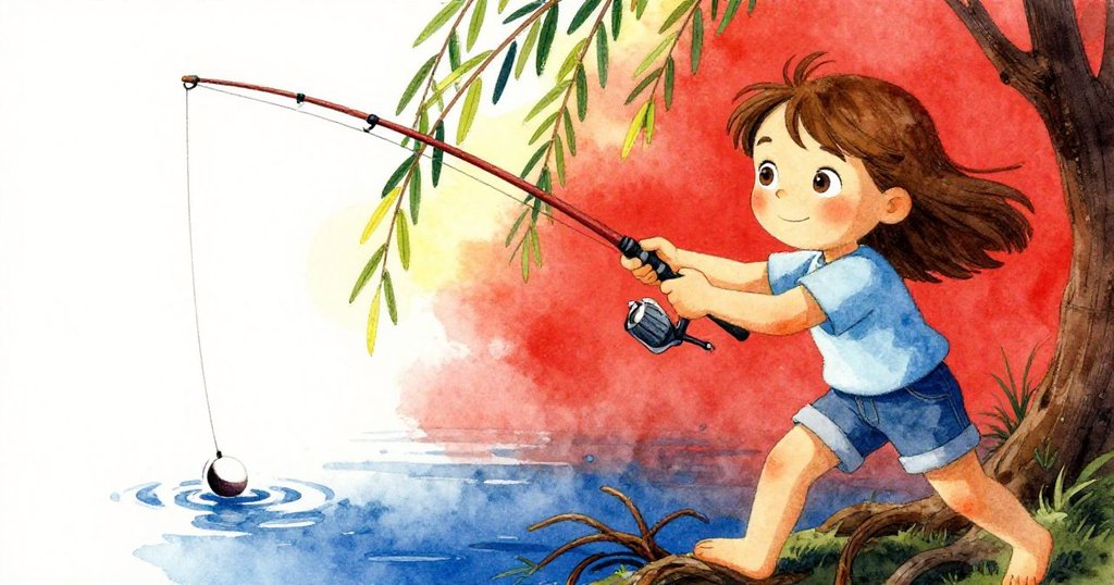 克拉拉揮桿施釣，線漂落在糾結的柳樹根旁，臉上表情專注，水面泛起細微漣漪，氣氛充滿期待。