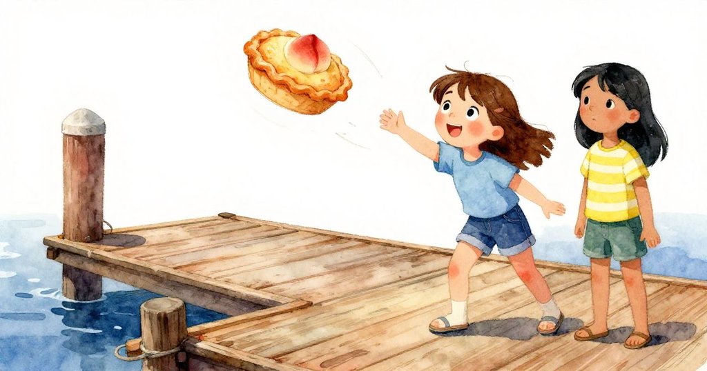 桃子派在碼頭飛舞，從克拉拉釣竿甩出，正向澤爾達足邊飛去，兩人面露驚訝與趣味。