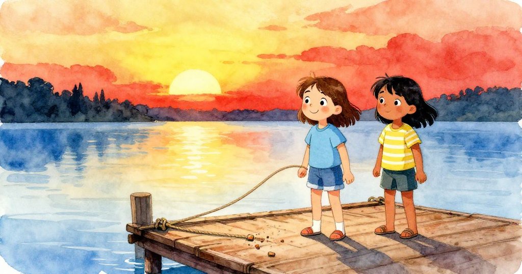 夕陽下，克拉拉擦拭黏黏手指，澤爾達溫柔大笑，繩子輕拂碼頭，場景溫馨圓滿落幕。