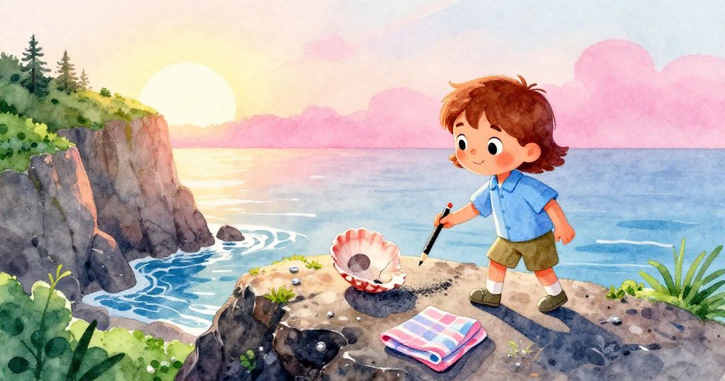 六月走向海邊懸崖，晨曦中溫暖光線撫摸著裸露的岩石和散落物件，滿懷期待靜觀大海。