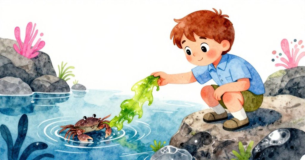 六月蹲守岩邊，輕伸濕海帶試圖引出隱藏在亮水中的小螃蟹，動作專注流露求知慾。