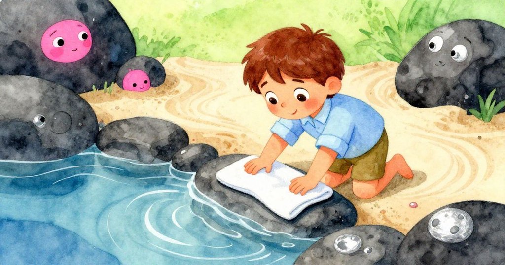 六月小心翼翼將毛巾舖於暗石上，溫熱氣流使湖水攪動細沙與沉積，展現自然微妙反應。