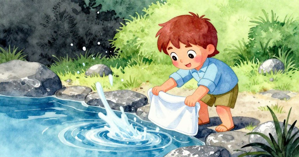 六月果斷提起毛巾一角覆於水邊，突來涼意使攪動沉積漸歸平靜，動作果敢展現實驗精神。