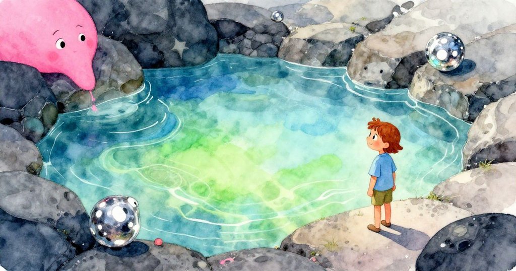 六月靜立於清澈水池邊，昔日混濁漸散成明窗，整個懸崖風景洋溢寧靜與滿足感。