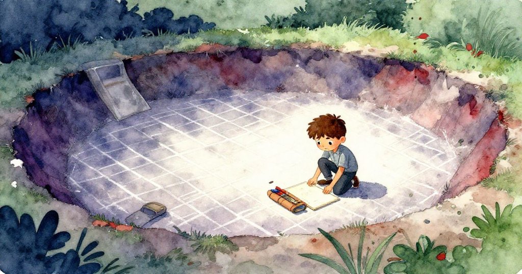 萊爾在戶外石粉坑邊彎下身尋找工具，背景深藍與深紫交織，神情專注展現冒險開始。