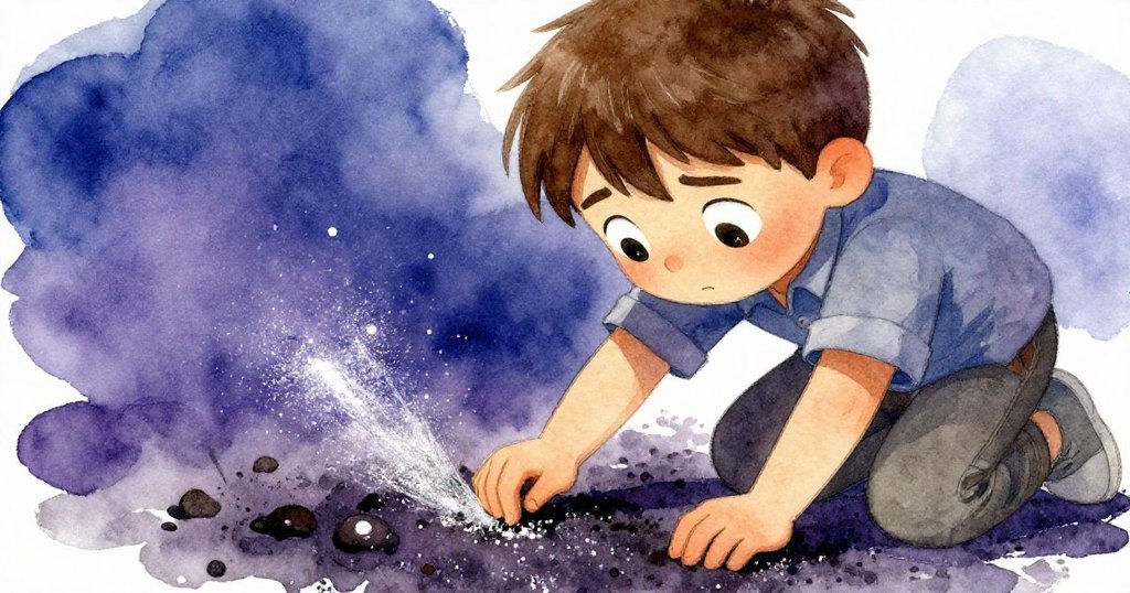 萊爾專注凝視著沾滿石粉的溝痕，眼中堅毅光芒閃爍，手指輕觸細微粉塵，展現探險發展。