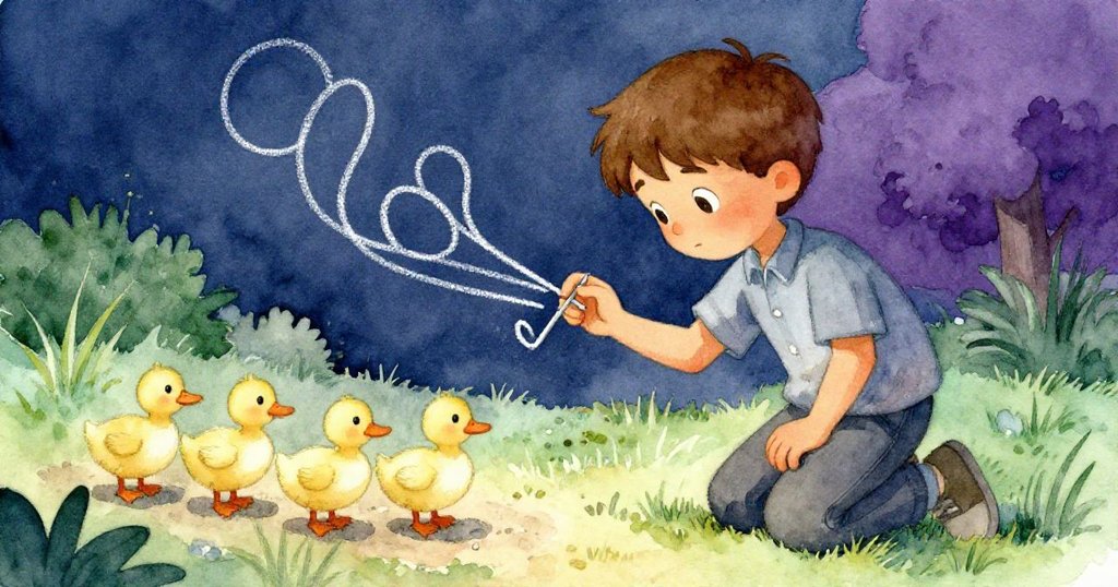 萊爾專注用牙鑽描繪石粉曲線，旁邊小鴨子緩步走過，細膩石粉與自然生態交織，展現發現美好瞬間。