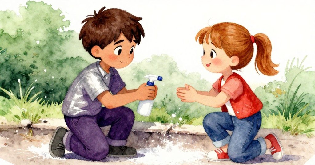 黃昏時分，萊爾與喬伊在石粉坑邊道別，喬伊細心將噴霧瓶放回口袋，水珠微光閃爍，溫馨情景結束冒險。