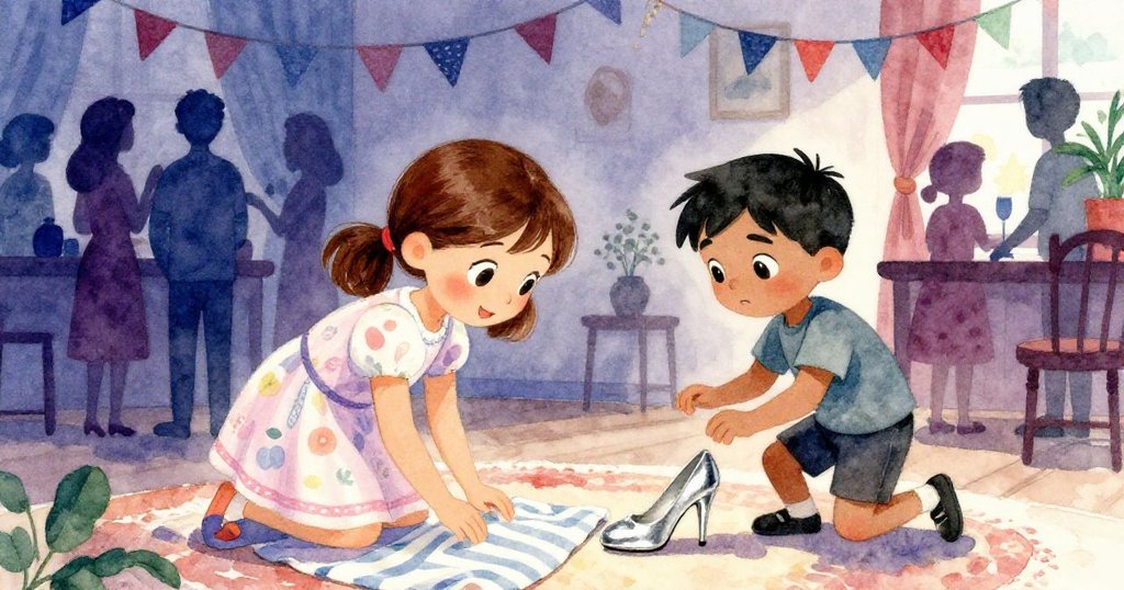 在溫暖派對房間內，Joy彎腰尋找桌布下的線帶，Theo在旁檢查銀色水泵，背景中有歡笑的人群及飄揚彩帶，充滿期待。