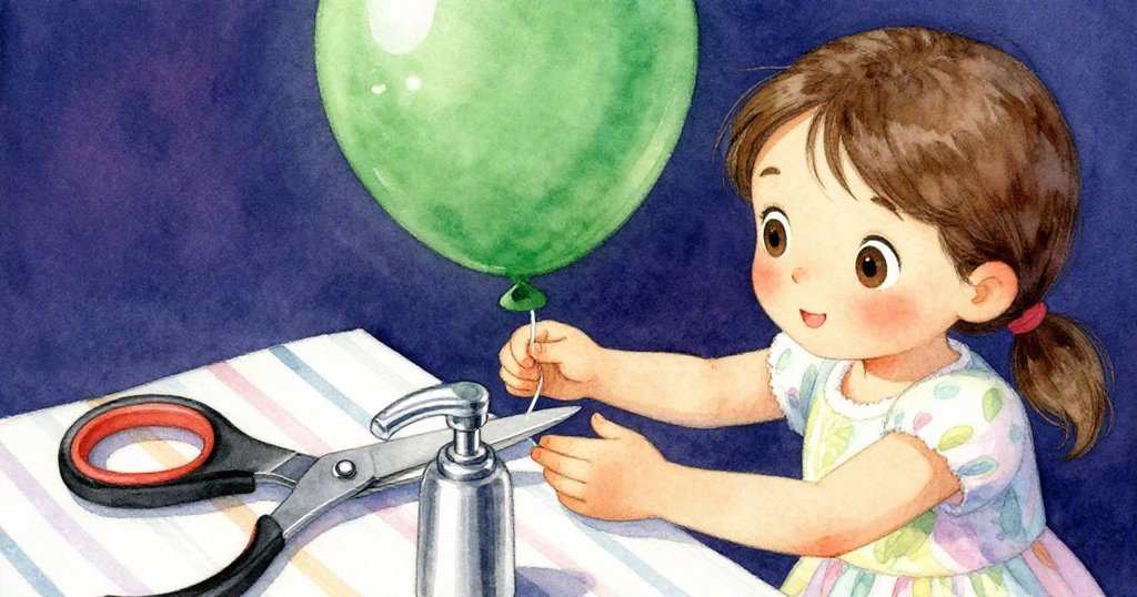 Joy用細膩手法從條紋布後發現隱藏的綠色氣球，銀色水泵閃著光，特寫展現細節與驚喜，充滿期待與好奇。