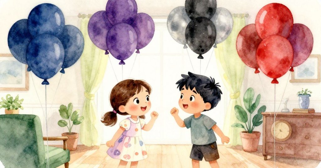 在派對前夕，Joy和Theo滿懷喜悅互點頭，頭頂五彩氣球隨燈光輕輕搖曳，室內場景充滿慶祝與新希望。