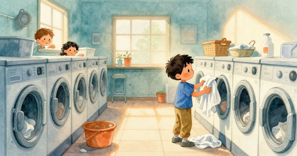 奧托在寬敞洗衣房中忙碌操作洗衣機，正收取濕毛巾，背景眾多洗衣機充滿溫馨活力。