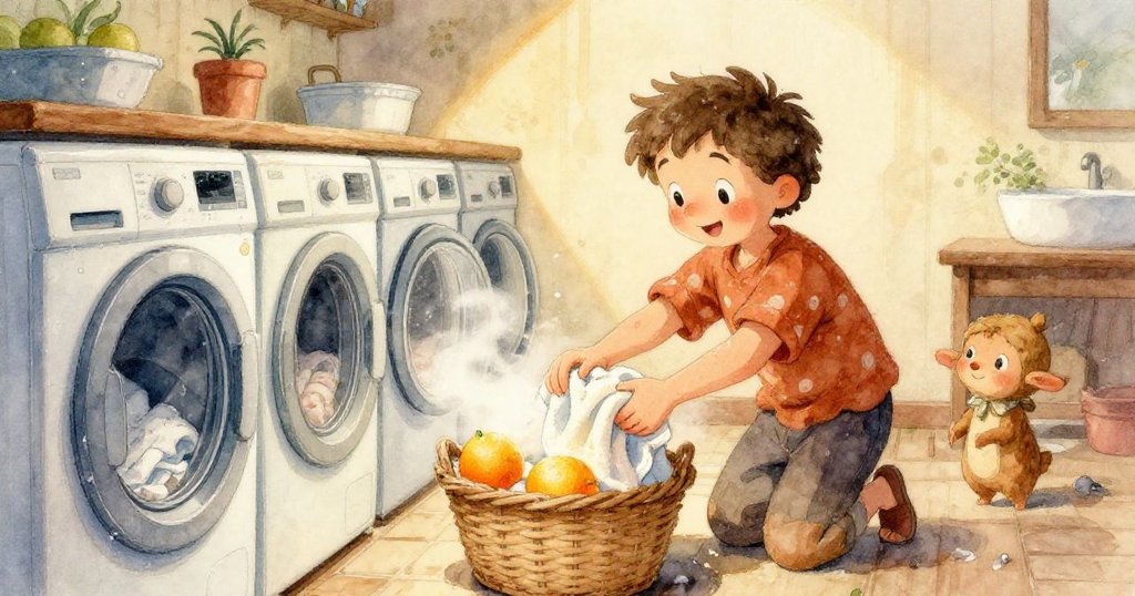 奧托專注用手抓取濕潤毛巾，細膩展現毛巾紋理與水珠，背景隱現洗衣機面板，展現專注動作。