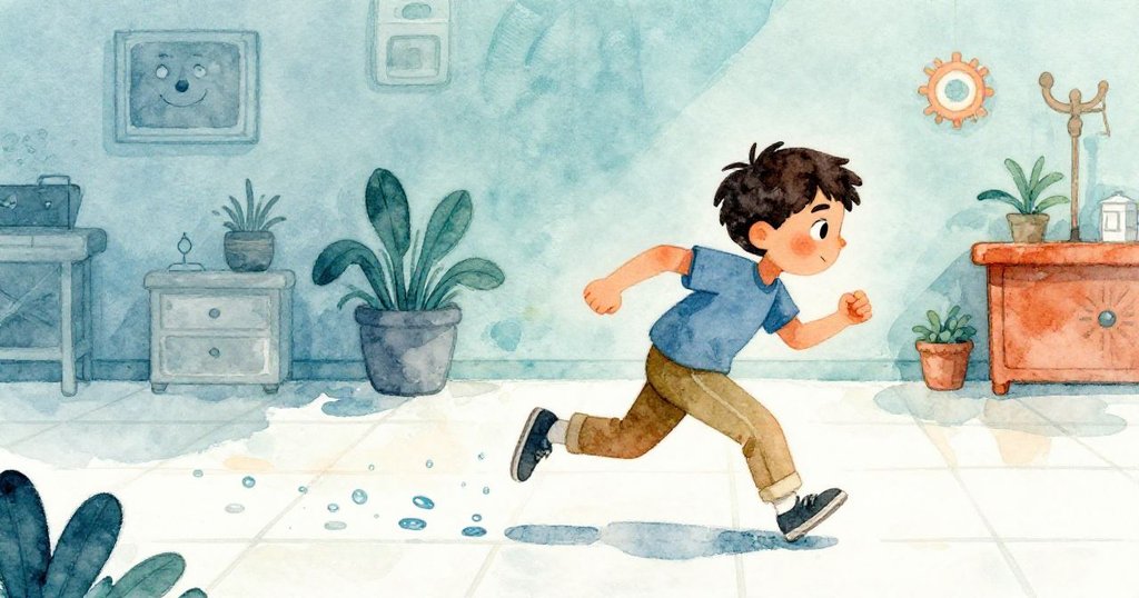 奧托急速穿過磁磚地面，留下一串水滴痕跡，臉上既堅毅又略顯擔憂，呈現緊湊動感。