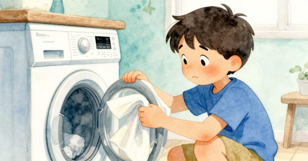 奧托近距離觀察洗衣機卡扣並移除多餘抹布，臉上流露恍然大悟與解脫情緒，場景明暗對比細膩。