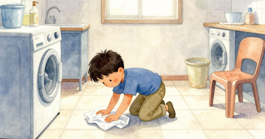 奧托修正洗衣機後，擦拭地面並走向塑膠椅，展現從困境到平靜結束的愉悅家居情境。