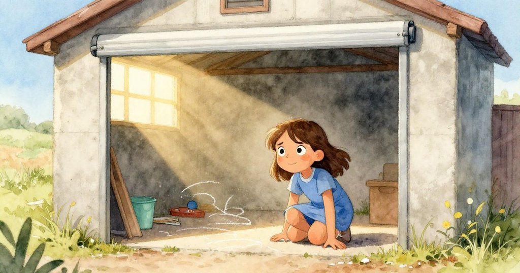 Tess蹲在開著的捲門下，注視著地上蜿蜒的粉筆線，神情專注，暖黃晨光灑落在粗糙水泥地上。