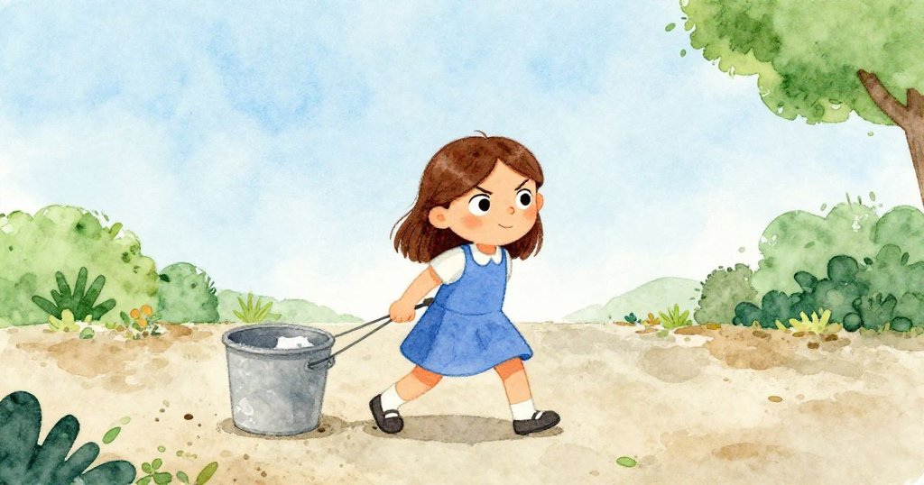 Tess全神貫注拉扯沉重的粉糊桶，周圍空曠的地面突顯出障礙，表情堅定，光線明亮。