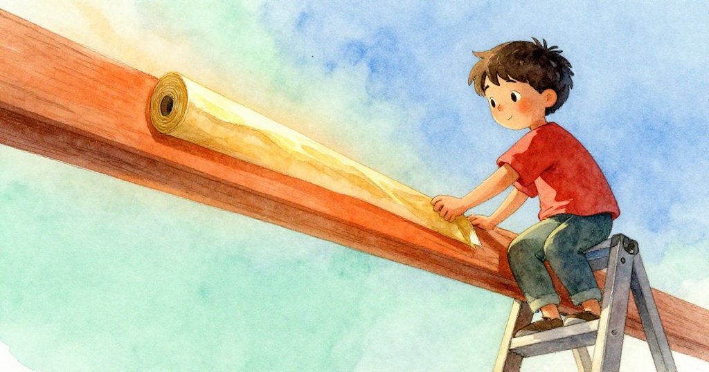 從低角度看見Blake站在梯旁調整金色紙卷，紙卷在一道光柱中緩緩滑落，氛圍溫暖而充滿動感。