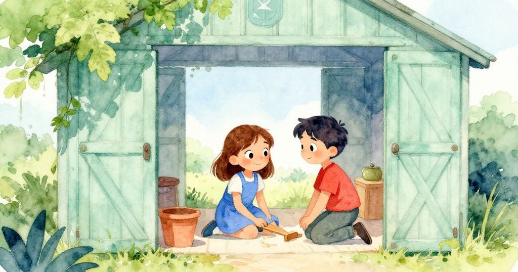 Tess與Blake在開放的門口共同工作，溫柔戶外光線灑入，室內外景交融，氣氛平靜而充滿希望。