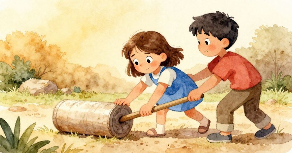 Tess穩握木板推動滾筒修補邊界，Blake在旁協助，兩人神情堅毅，粉糊線條逐步顯現溫暖光影。