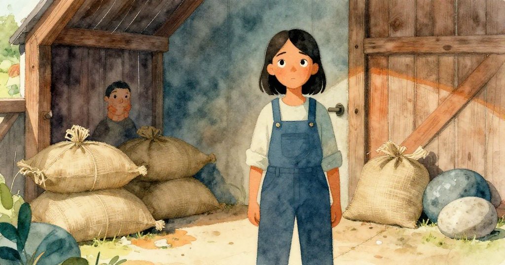 Mae站在老穀倉角落,背景有木板、麻布袋和圓石,她神情沉靜準備開始工作,散發溫暖氣息。