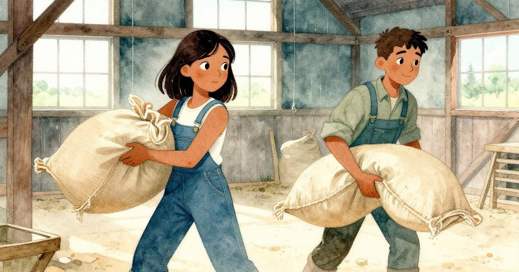 Mae與Trent在穀倉內合作移動穀袋,木板背景與工業感強烈,兩人專注合作,呈現忙碌又對比鮮明的現場。