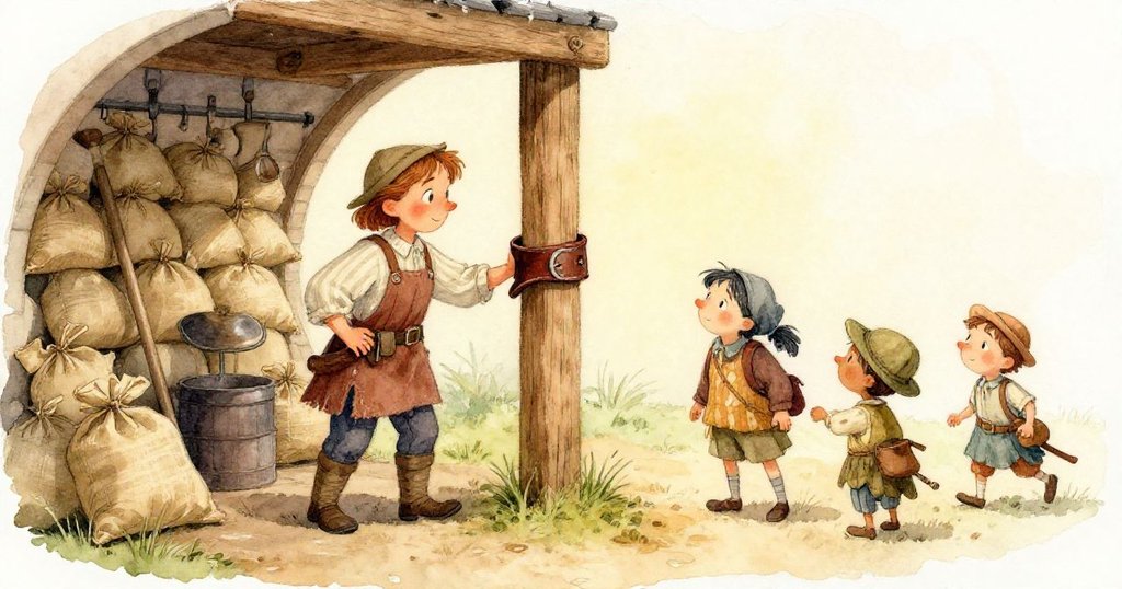 從Mae視角看,她忙著調整穀袋,麵粉塵隨動作飛揚,焦急表情映入狹窄木板下隱藏空箱的縫隙。