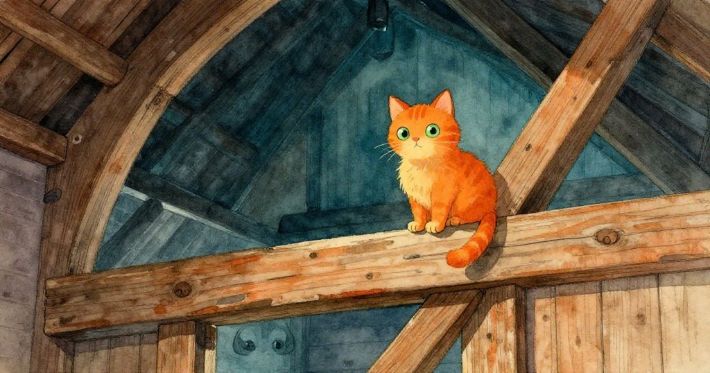 在充滿交錯木樑的倉庫內,Barn Cat優雅地坐於傾斜樑上,空間呈現奇幻幾何效果,散發神秘與溫暖氣息。