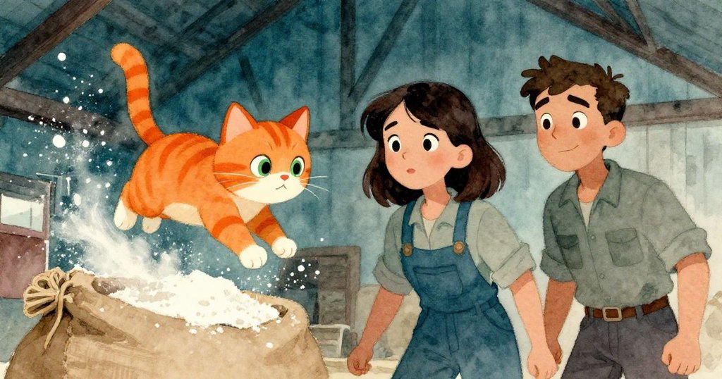 在老穀倉內,Barn Cat躍起麵粉飛揚,Trent與Mae迅速反應,充滿動感且麵粉塵隨動作四散,現場緊張激烈。