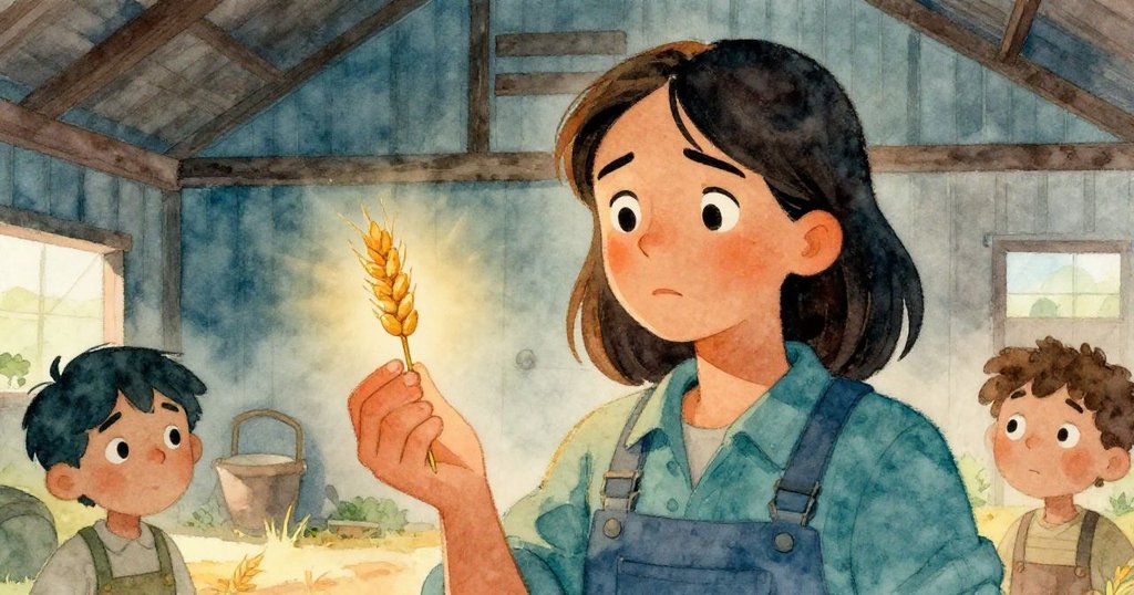 在穀倉內風停時,Mae面帶微笑托起一粒金色小麥,背景木板與工具呈現溫暖安定氣氛,象徵新開始。