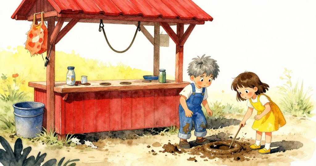 Wyatt和Inez在清晨戶外桶台前探索破裂泥痕及舊皮帶,互動中流露好奇與期待,場景展現鄉村風情。