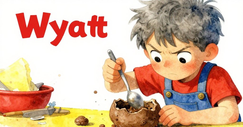 Wyatt專注地用匙子輕敲桶上硬化黏土,細膩捕捉其堅毅眼神與決心,畫面充滿溫柔光影。