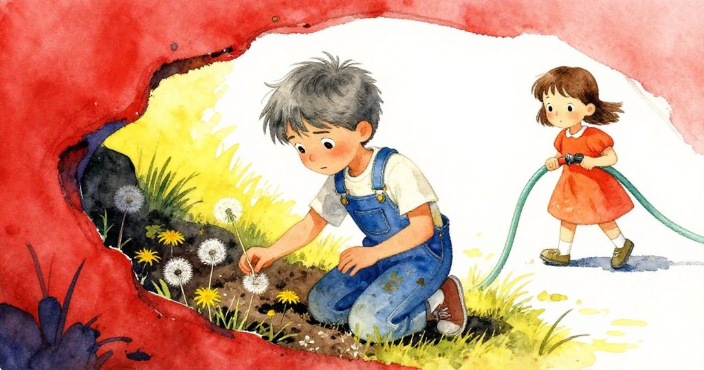 透過隙縫觀察Inez專注撿拾蒲公英花絮,背景Wyatt快速拿著水管,畫面真實生動充滿互動氣氛。