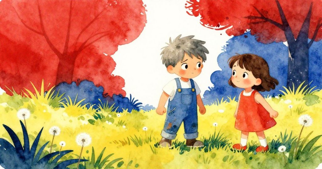 Inez與Wyatt在綠意盎然的季節風光中互動,撿拾花朵和觀察泥土,充滿生機與愉悅情緒。