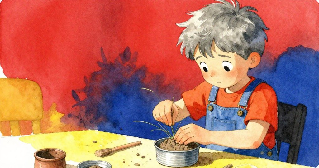 Wyatt專注地將黏土倒入小模具中,壓上草纖維,呈現創意與決斷,畫面細膩展現用心工藝。