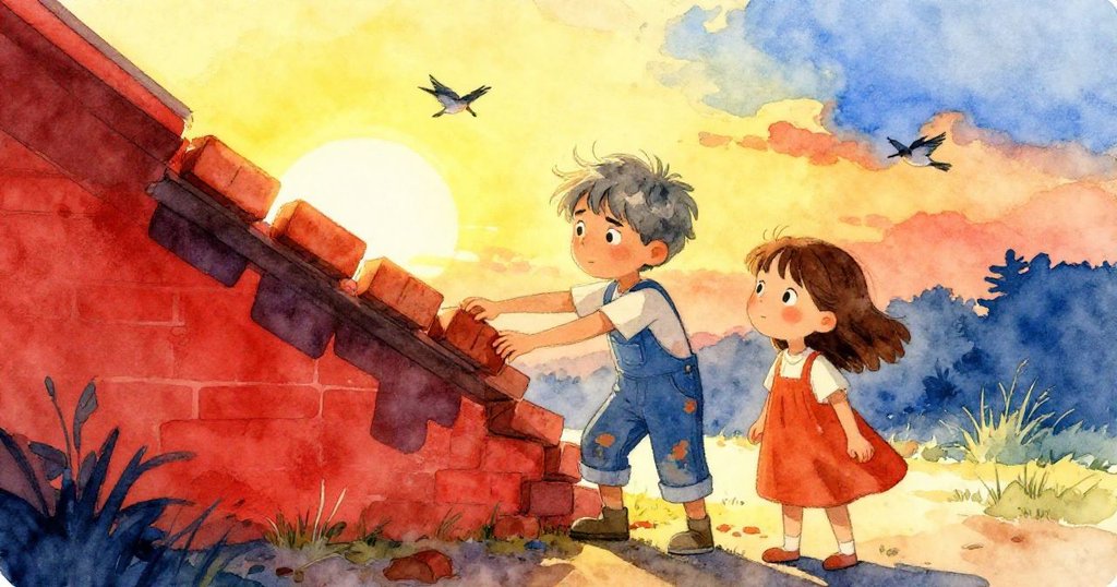 在夕陽餘暉中,Wyatt與Inez並肩站在乾燥架旁,靜賞漸變色磚塊,鳥鳴隨風散佈,滿懷成就與寧靜。