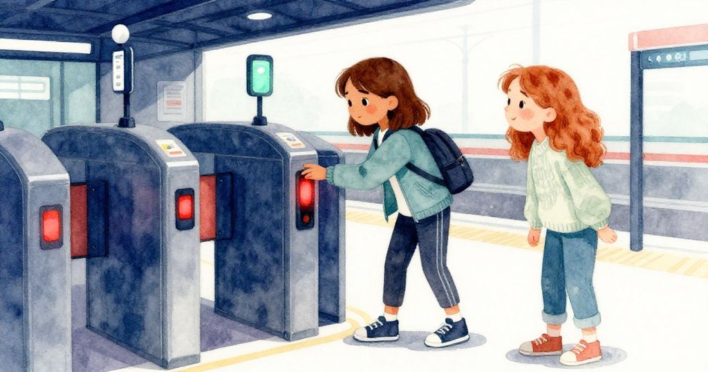 Uma站在紅光閘門前驚訝後退，Ruby坐在階梯旁注視中，背景顯示繁忙車庫與城市交通場景。