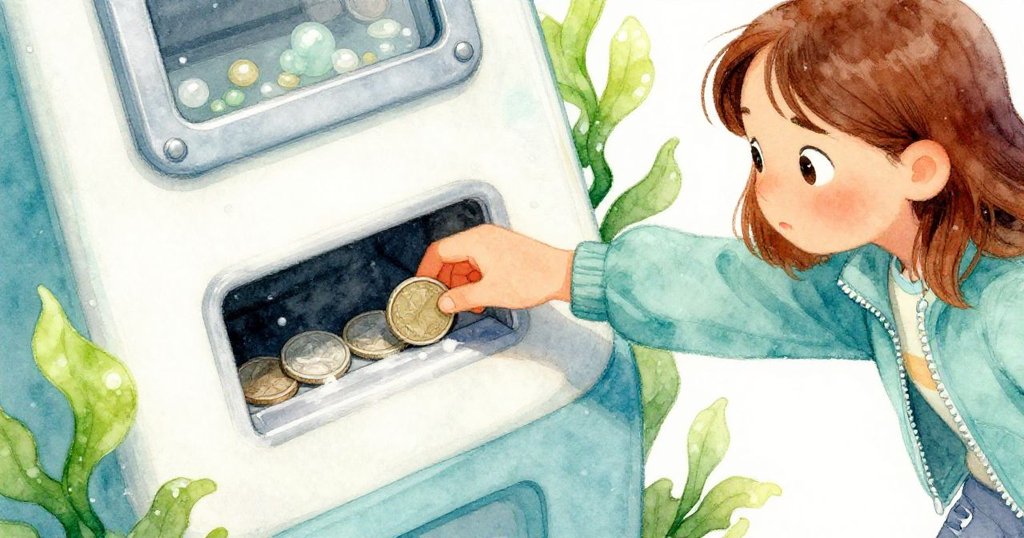 Uma專注操控投幣細節，手指輕推硬幣進入充值機窄槽，機器面板與金屬質感清晰展現。