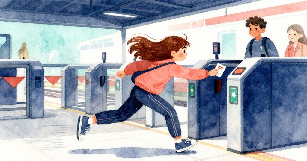 Uma急速向閘門奔跑，動態軌跡展示迅捷身影，輕拍通行證觸發閘門旋轉，都市交通充滿動感。