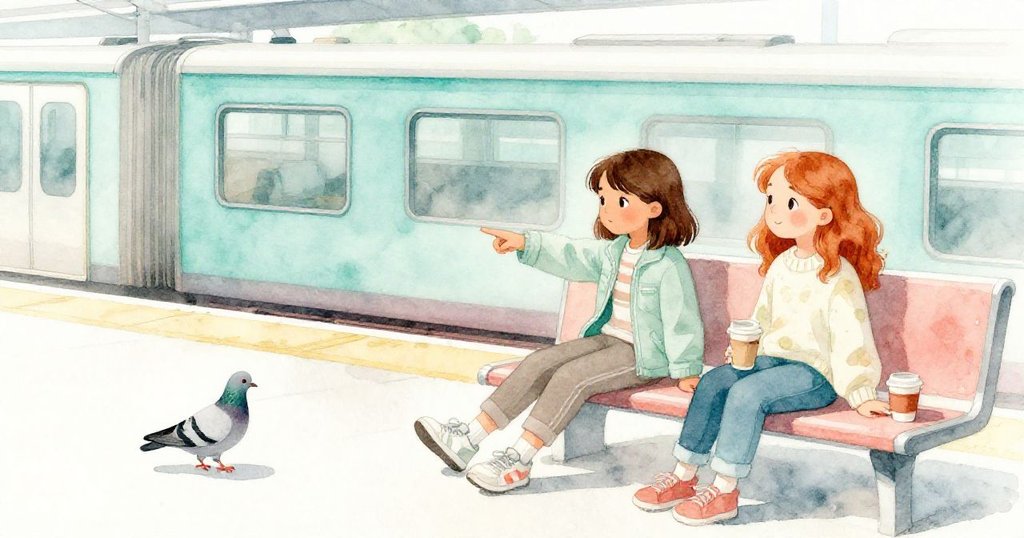 Uma與Ruby站在平台等待公車，Ruby指著鴿子歡笑，咖啡杯散落旁邊，都市環境中洋溢著寧靜溫暖氣氛。