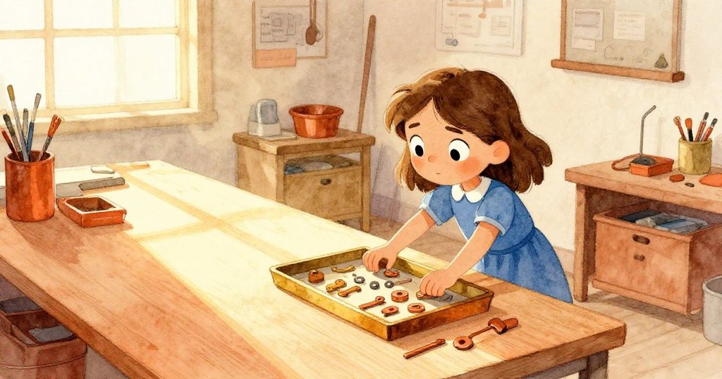 科拉站在工作坊中，伸手觸摸擺放夾子的工作台，光影交錯，她神情專注，場景充滿暖色調。