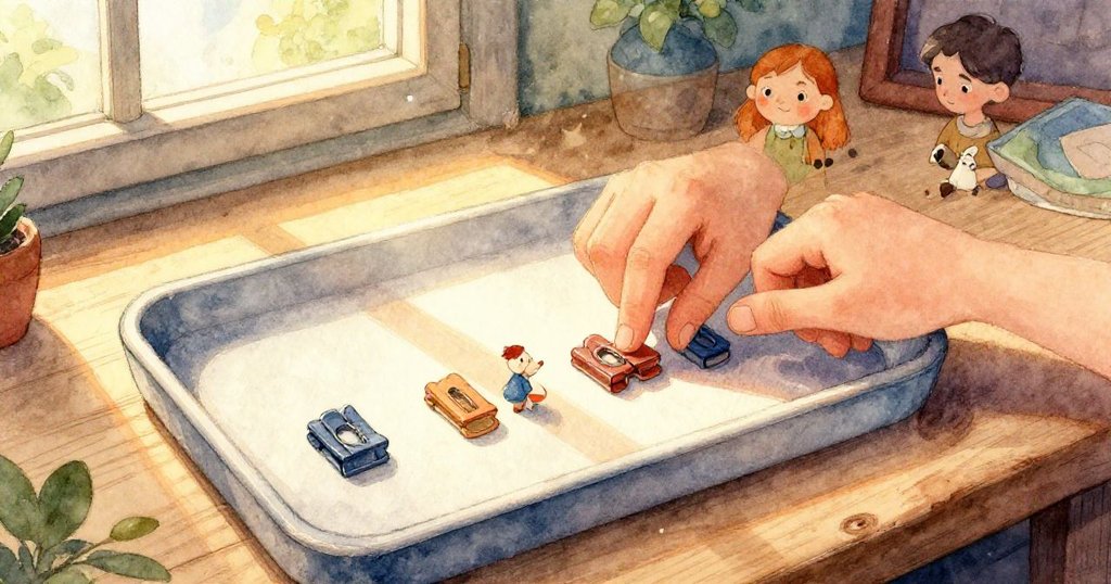 科拉的指尖輕觸沉重金屬夾子，狹窄光束照射出細膩亮光，畫面溫暖且充滿細節。