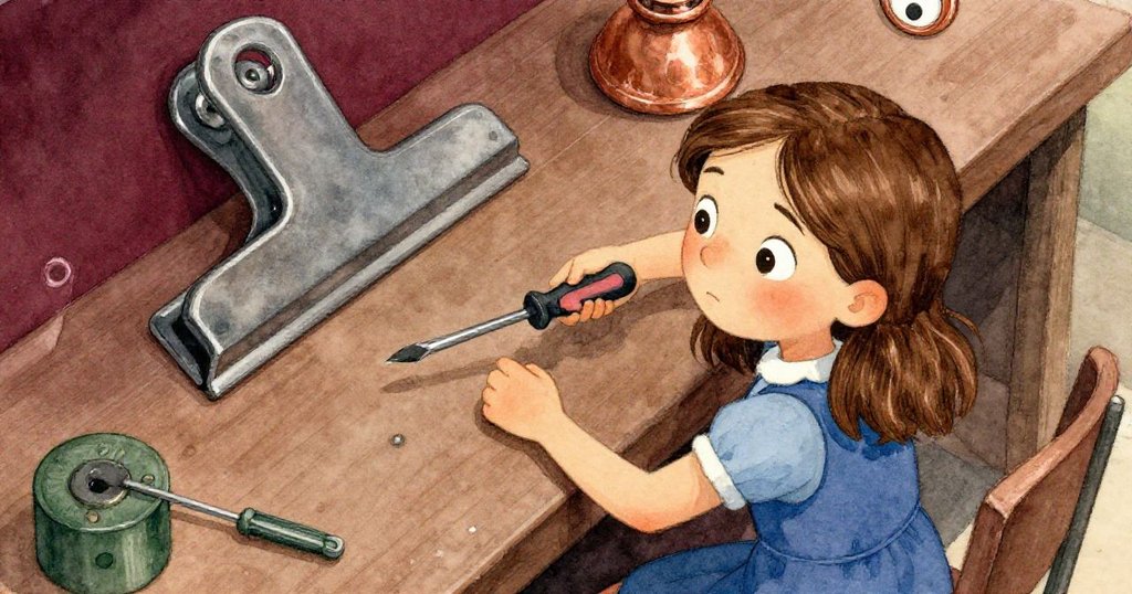 從高處俯視，科拉正小心地使用螺絲起子調整被困夾子，背景光影分明，展現她專注與些許憂慮。