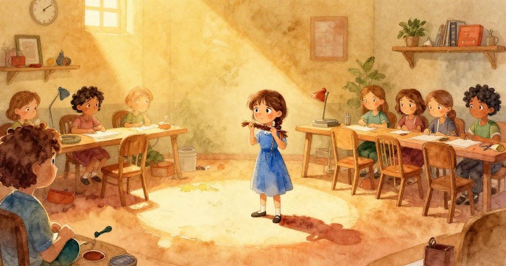 科拉靜立於光暗交融的工作台前，編織著最後的線索，場景寧靜且充滿溫暖色調，展現成功與平衡。