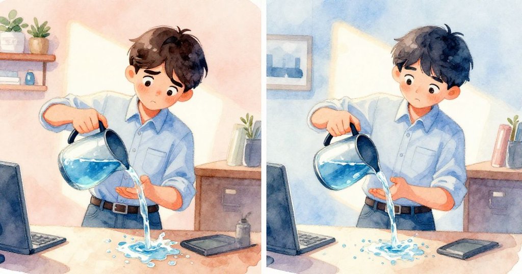 分割畫面中Reed一邊認真倒水一邊幻想無濺水完美瞬間，真實與理想交織，辦公室環境背景