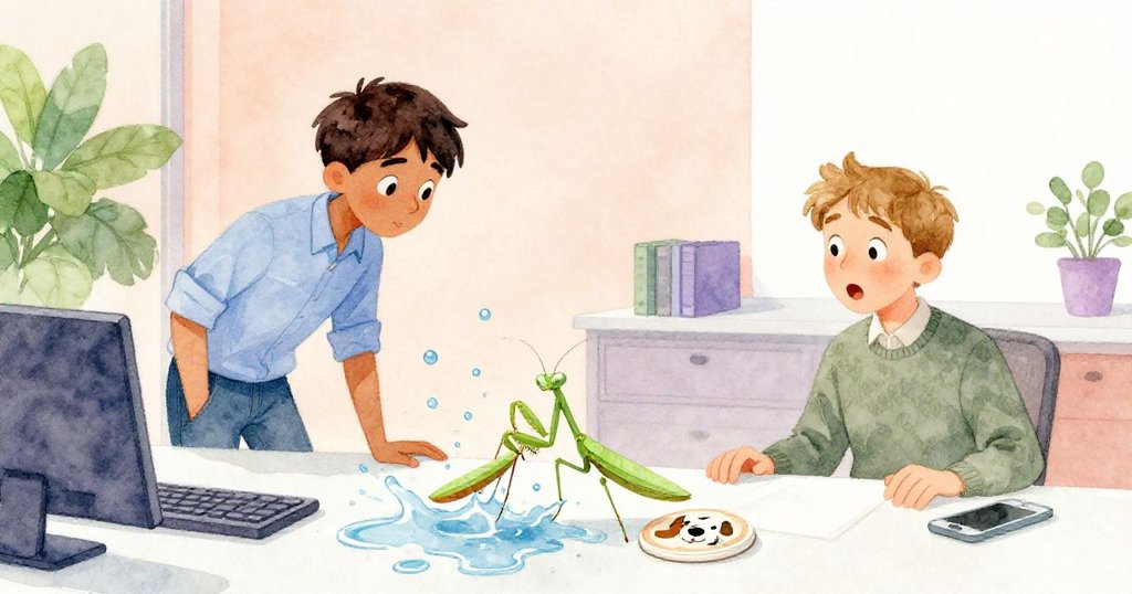 Ben驚訝地注視辦公桌上溢出的水引起的連鎖效應，綠色螳螂與印有小狗的杯墊互動，Reed目光緊隨