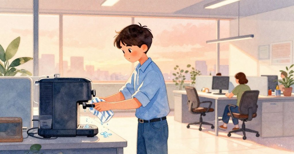 Reed在溫暖夕陽中用條紋抹布清理最後滲出的水滴，辦公室逐漸恢復平靜，展現解決後的安心與希望