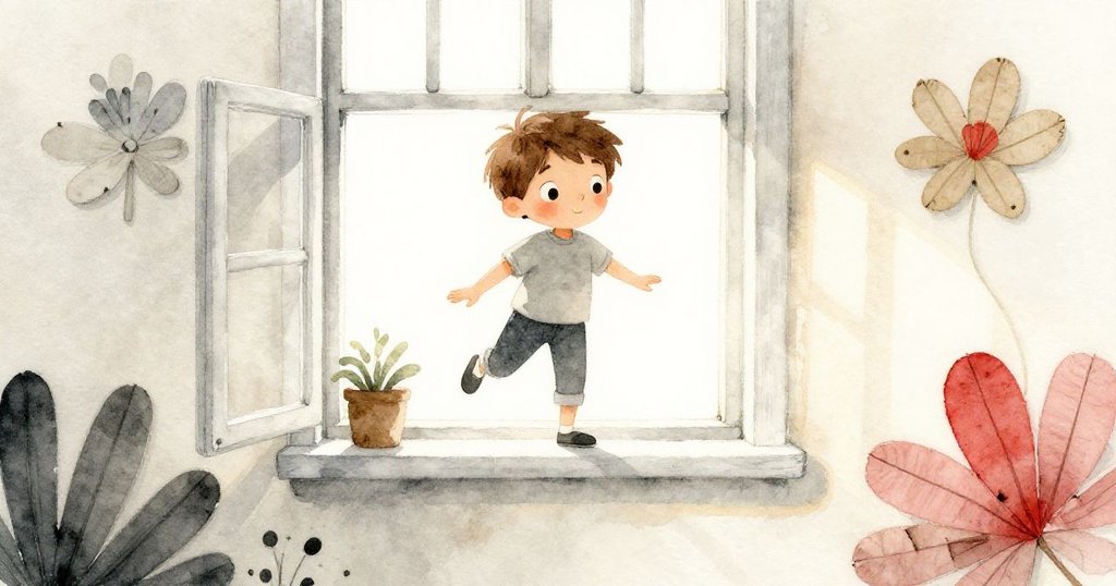 Forrest在明亮窗邊平靜操作木偶，室內散落紙花與織物，神情專注，營造溫馨開始情境。