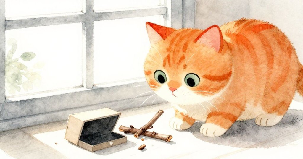 橘貓在窗邊低角度細看散落木棒與鞋盒，豎起胡須顯得好奇，捕捉家居溫暖氣息。